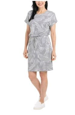 Hilary Radley Womens Sz L Short Sleeve Dress Drawstring Waist Gray Hawaiian